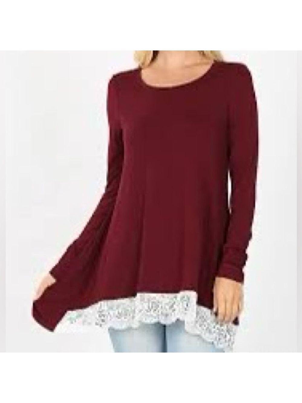 Luxe Rayon Women's Long-Sleeve Tunic or Dress in Dark Burgundy with Lace Hem